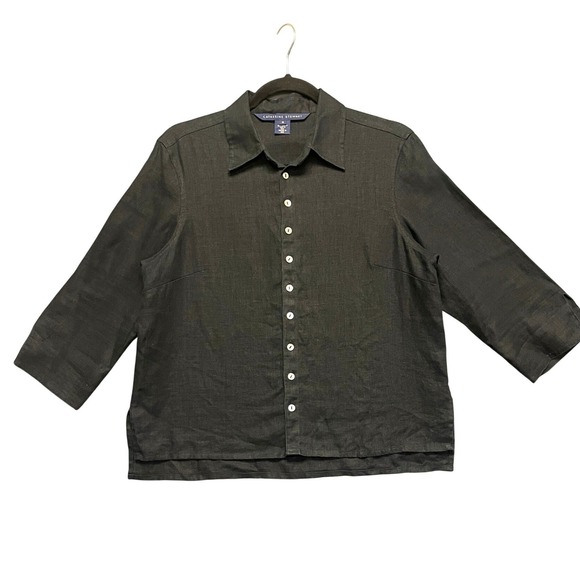 Catherine Stewart Tops - Catherine Stewart Womens M‎ Black 100% Linen Button Up 3/4 Sleeve Shirt Blouse